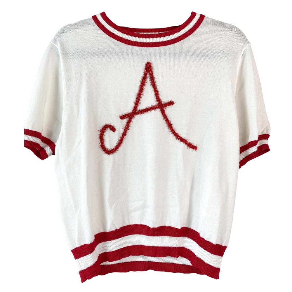 Queen of Sparkles Women Knit Top XS White Red Varsity Alabama Roll Tide Football